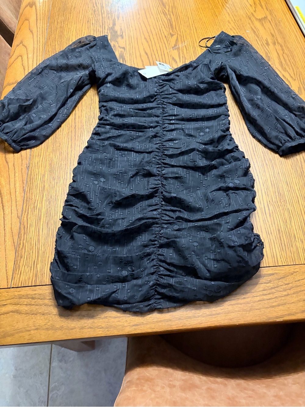 Black Ruched Kids Dress with Puff Sleeves
